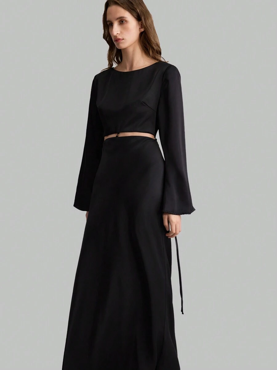 Ontre 1 件女士纯色长袖腰镂空简约超长宴会连衣裙，休闲日常穿着 - 黑色 - 查看 1