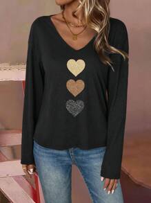 EMERY ROSE Casual Minimalistisch Kleurrijk Hartvormig Kunstgoudfolie V-hals T-shirt met Lange Mouwen voor Dames, Geschikt voor Herfst en Winter