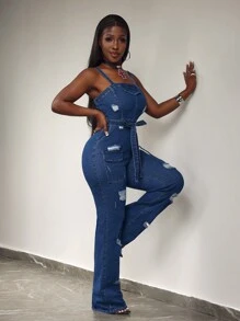 Slaydiva Women's Distressed Cargo Pocket Flared Casual Denim Jumpsuit With Suspenders - Dark Wash - View 4