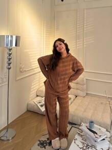 SHEIN Set de 2 piezas de pijama para adolescentes con sudadera con capucha de punto acanalado de manga larga y pantalón recto suelto y cómodo, para otoño/invierno