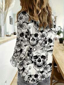 Women's Halloween Skull Print Minimalist Casual Button Down Long Sleeve Shirt, Spring/Summer - Black - View 2