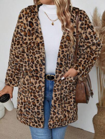 SHEIN LUNE Plus Size Leopard Print Pocket Thermal Lined Long Sleeve Winter Jacket