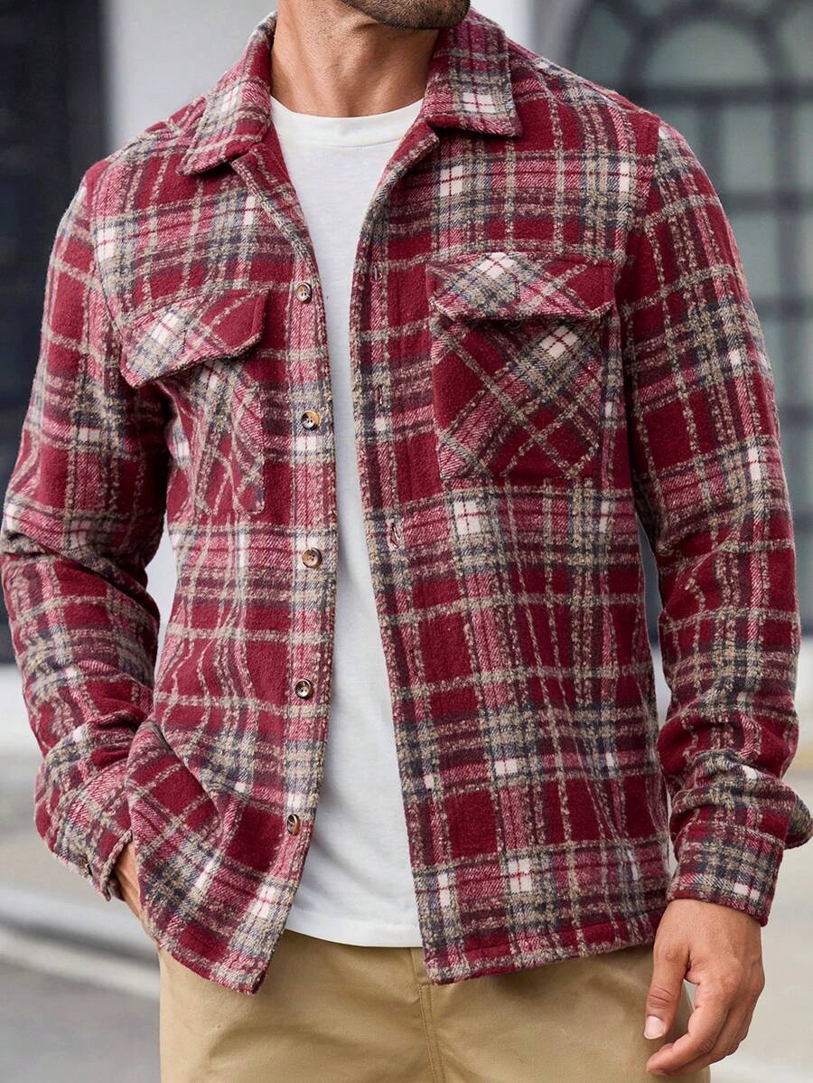 Manfinity VCAY Men's Slim Fit Plaid Print Collared Long Sleeve Flannel Shacket Suitable For Autumn