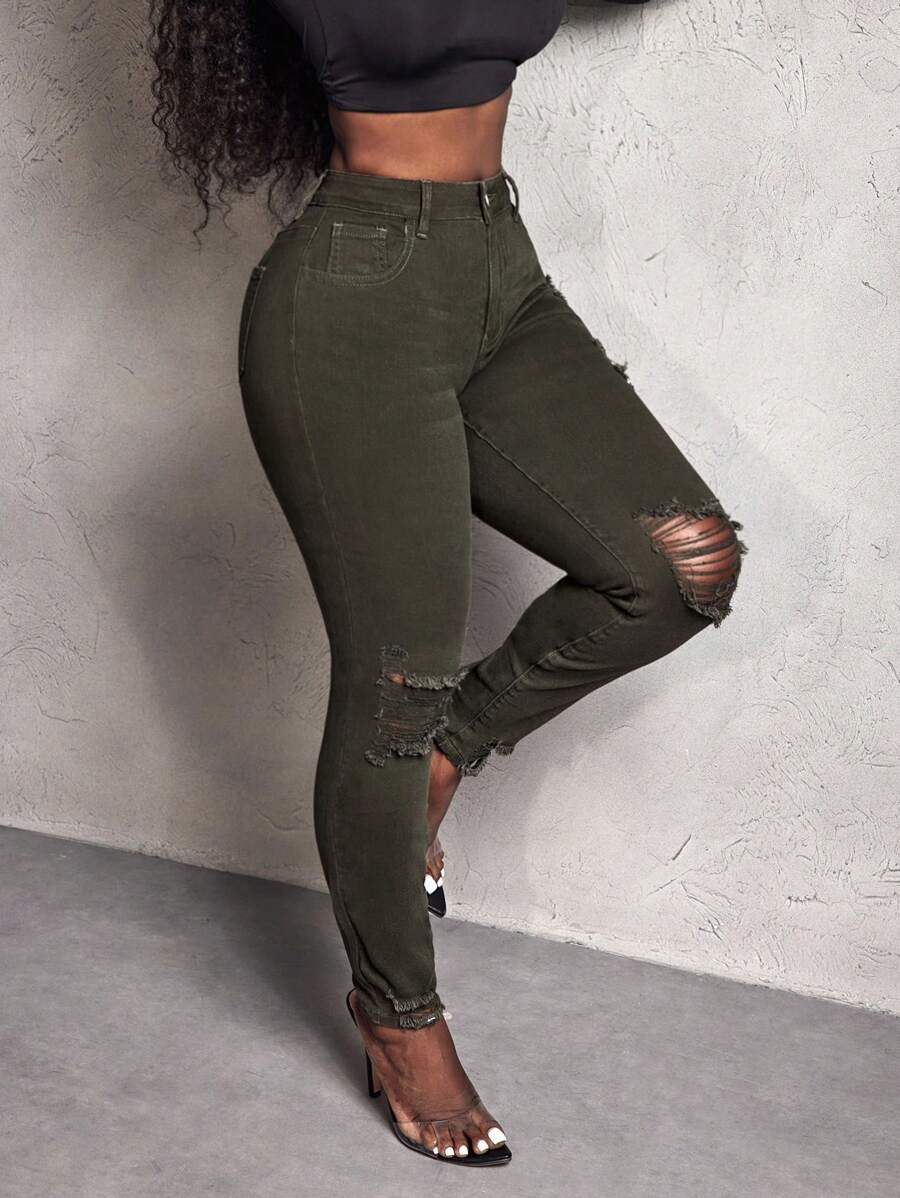 Slaydiva Modische und vielseitige Skinny Jeans mit Destroyed-Effekt für Damen - Armeegrün - Übersicht 1