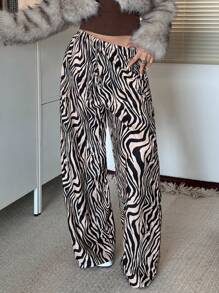 Aloruh Women Zebra Print Elastic Waist Front Tie Decoration Loose Wide Leg Pants - Black - View 1