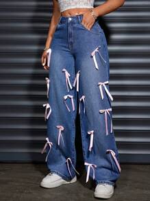 SHEIN SXY Women Loose Fashion Casual Handmade Bow Navy Blue Woven Low Waist Jeans Pants, Suitable For All Seasons - Blue - View 4