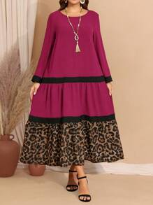 EMERY ROSE Plus Size Women Leopard Print Round Neck Color Block Trim Long Sleeve Dress,Winter Clothes For Women - Burgundy - View 4