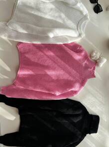 Chiquease 3件套女士基础款高领纯色长袖罗纹针织毛衣，休闲简约针织套头衫，秋冬季 - 彩色 - 查看 5