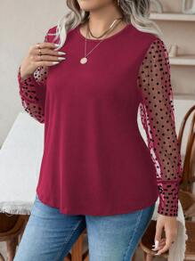 Celure Blusa informal de manga larga con cuello redondo, en talla grande, de unicolor con diseño de patchwork para mujeres