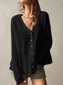 Bohemela 大码女式纯色前扣休闲黑色衬衫 - 黑色 - 查看 3