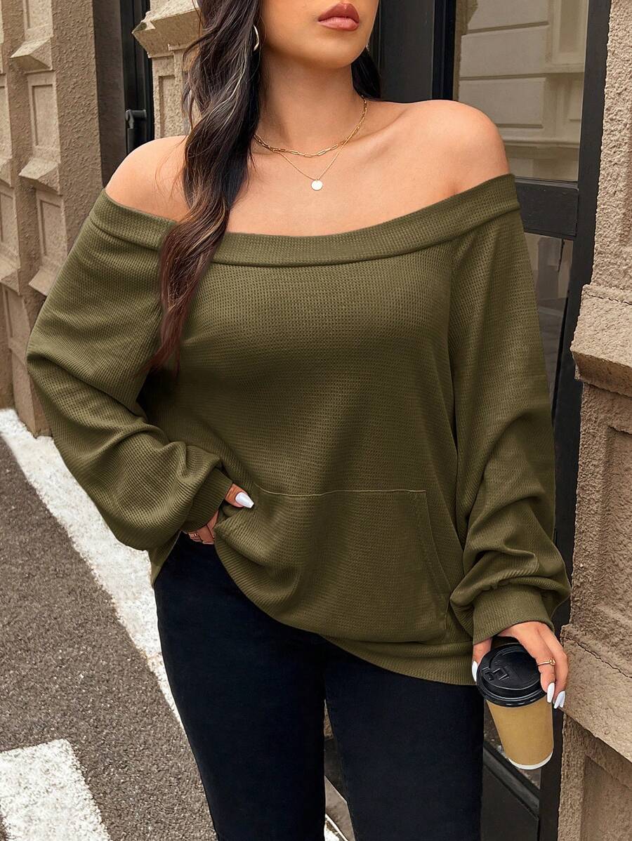 SHEIN Frenchy شراب بدون أكتاف لون أحادي طويل الأكمام بسيط، ملابس يومية عادية ، شراب للسفر بالطائرة