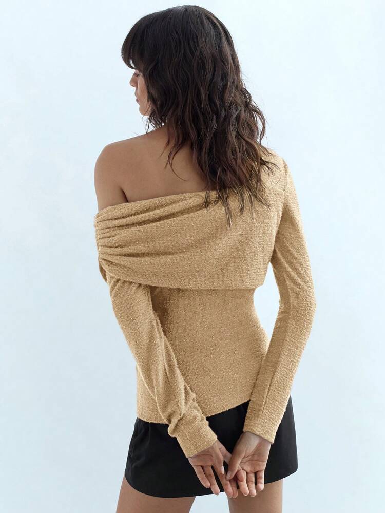 SHEIN Maija Women's Casual Asymmetric Collar Slim Fit Long Sleeve Solid Color T-Shirt, Elegant Style For Autumn Romantic, Fashion, Versatile , Suitable For Summer Vacation, Comfortable, Bohemian Style, Beach Wear