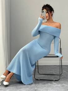 Chiquease Váy len dài tay hở vai ấm áp hở lưng màu xanh lam thanh lịch cho nữ mùa thu/đông - Màu xanh lam - Xem 7