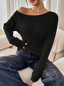 SHEIN SXY Women's Solid Asymmetrical Neckline Casual Long Sleeve Red Sweater Casual Party Elegant Home Sexy Autumn Winter Leisure Christmas Halloween New Year Asymmetrical Top,Off The Shoulder Sweater - Black - View 8