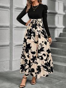 SHEIN PETITE 女式短款拼接花卉印花收腰长袖连衣裙，秋冬季长款女装 - 黑色 - 查看 5