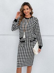 EMERY ROSE 秋冬女士两件套服装，1 套千鸟格印花运动衫和优雅开衩下摆半身裙 - 黑與白 - 查看 6