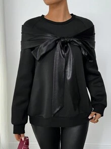 SHEIN Clasi Áo nỉ dài tay cổ tròn lót giữ nhiệt bằng satin trang trí nơ dành cho nữ, kiểu dáng thường ngày, thích hợp cho mùa thu. - màu đen - Xem 4