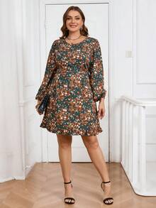 SHEIN Clasi 大码女式碎花圆领灯笼袖优雅短款度假连衣裙 - 彩色 - 查看 3