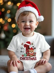 圣诞节休闲可爱卡通驯鹿波点标语印花女婴短袖连体衣 - 白色 - 查看 1