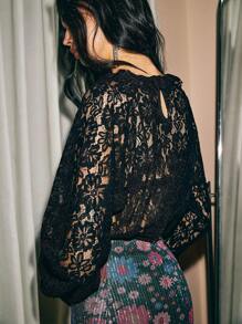 Poéselle Black Long-Sleeved Lace Shirt, Women's Round Neck Long Sleeve Lace Sheer Loose Top, Fall Women Outfits, Winter Women Clothes , Christmas Women Clothes, Simple Fashion, Old Money Style, Suitable For Daily, Out Of The Street, Commuting, And Other Occasions To Wear Autumn And Winter Essential Pieces - Black - View 5