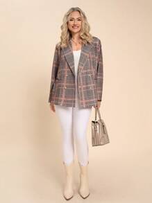 SHEIN LUNE Plus Size Vintage Plaid Pattern Long Sleeves Blazer, Autumn And Winter Holiday - Multicolor - View 4