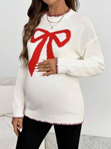 SHEIN 孕妇纯色宽松针织长袖毛衣，撞色饰边，适合孕妇，适合冬季 - 米色 - 查看 4