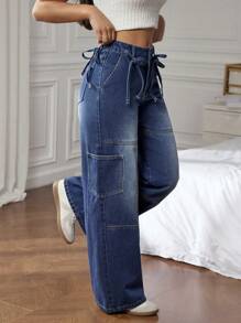 SHEIN EZwear Quần Jeans Ống Đứng Dáng Rộng Đơn Giản Nhiều Màu Sắc Cho Nữ - Màu xanh lam - Xem 5
