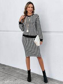EMERY ROSE 秋冬女士两件套服装，1 套千鸟格印花运动衫和优雅开衩下摆半身裙 - 黑與白 - 查看 4