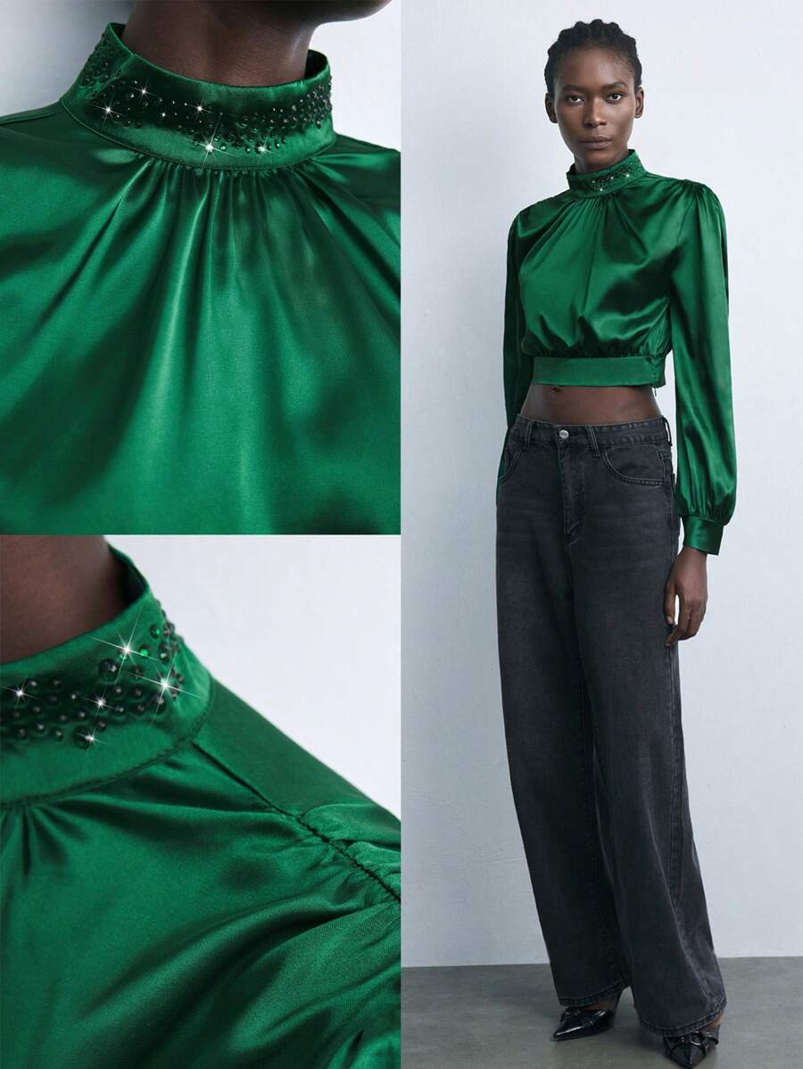 Maija 女士绿色水钻装饰休闲上衣，优雅都市时尚，适合节日派对和日常穿着，秋冬季