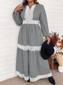 SHEIN VCAY Váy tay đèn lồng ren họa tiết gingham phong cách đồng quê thanh lịch cỡ lớn, mùa xuân/thu - Đen và trắng - Xem 1