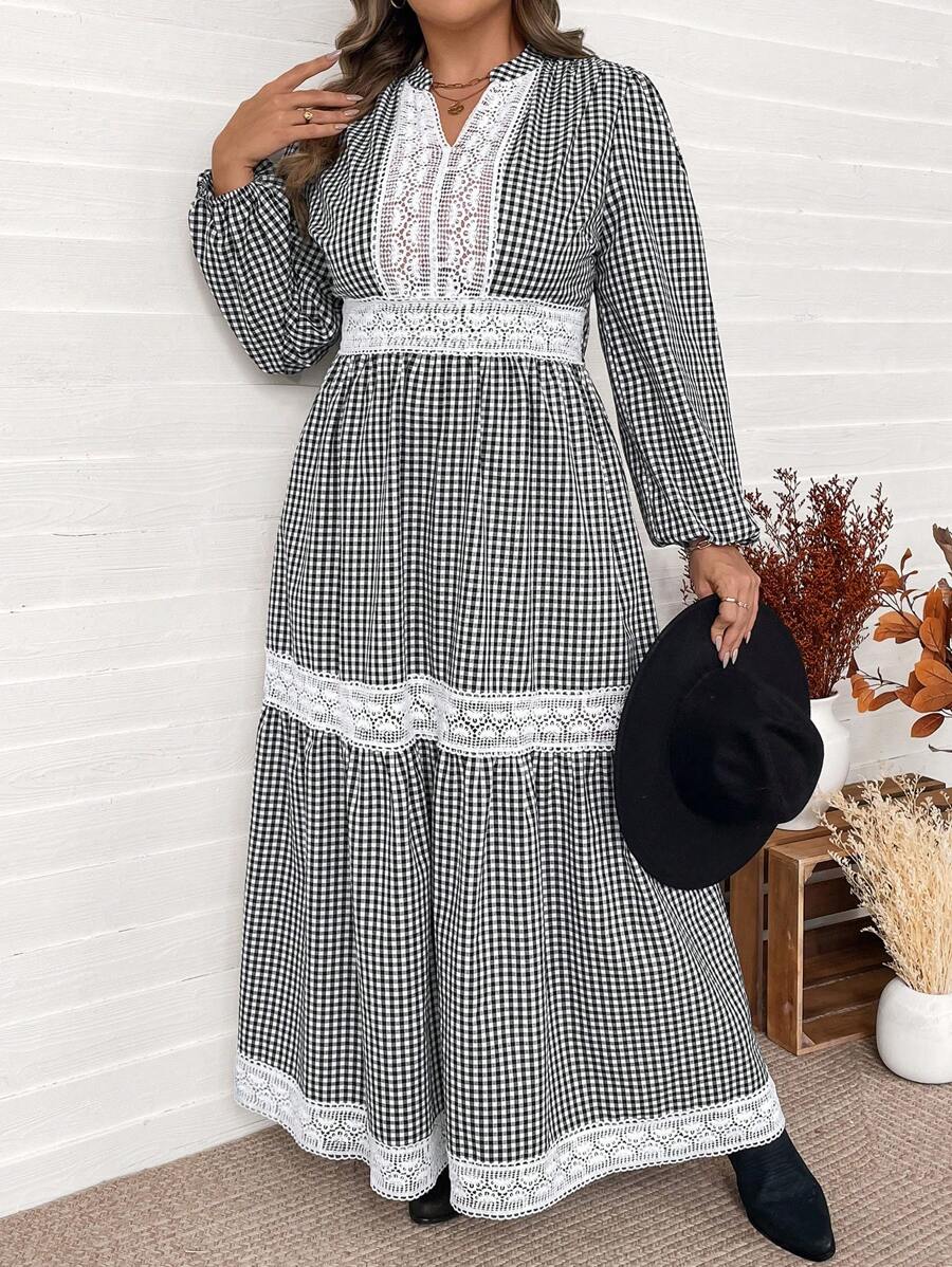 SHEIN VCAY Váy tay đèn lồng ren họa tiết gingham phong cách đồng quê thanh lịch cỡ lớn, mùa xuân/thu - Đen và trắng - Xem 1