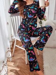 SHEIN Set Piyama Wanita Gaya INS Motif Dinosaurus Lucu di Seluruh Permukaan, Pakaian Musim Gugur dan Musim Dingin dengan Detail Nyaman dan Elegan - MultiWarna - View 5