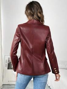 SHEIN Clasi Áo khoác Blazer nữ đơn giản, màu trơn, có túi giả, cài nút phía trước, chất liệu PU, mặc thường ngày, mùa thu/đông - Màu Đỏ Sâu - Xem 8