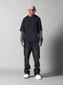 SUMWON Áo thun tay dài hai lớp dáng ôm vừa vặn có tay áo tương phản - màu đen - Xem 3