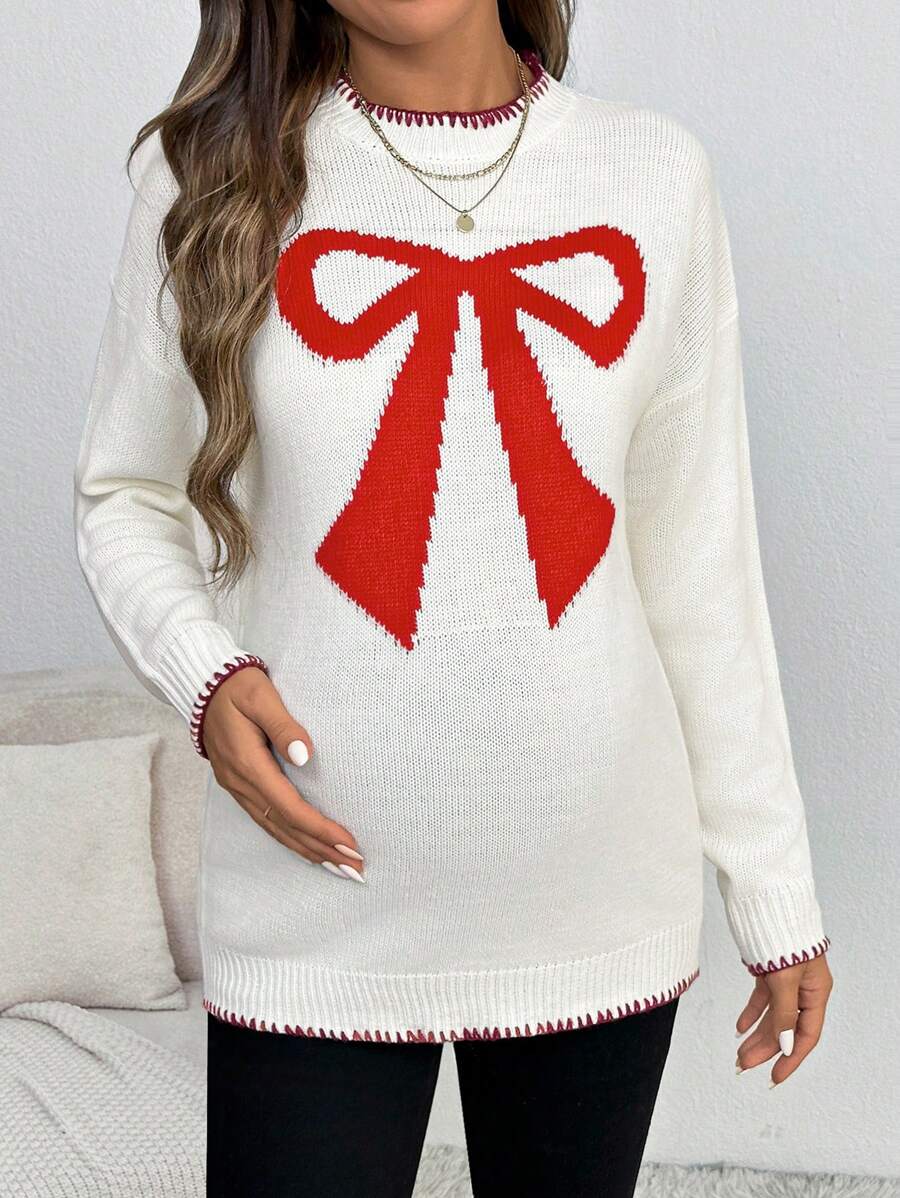 SHEIN 孕妇纯色宽松针织长袖毛衣，撞色饰边，适合孕妇，适合冬季 - 米色 - 查看 1