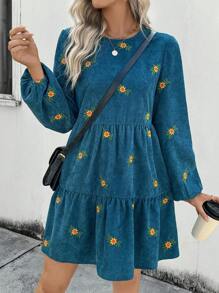 SHEIN LUNE Women Floral Embroidery Ruffle Hem Lantern Sleeve Round Neck Dress, Autumn Fall Cloth For Women - Green - View 3