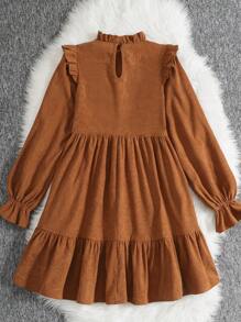 SHEIN Leap Crew 少女棕色灯芯绒荷叶边下摆宽松长袖复古优雅休闲连衣裙，适合冬季、假日、除夕、复古、高领、新年、圣诞节 - 棕色 - 查看 2