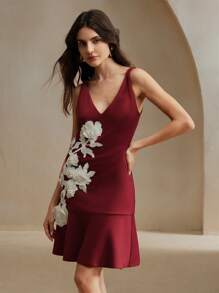 Anewsta Vestido elegante color borgoña con escote en V, sin mangas y corte de sirena con detalles florales