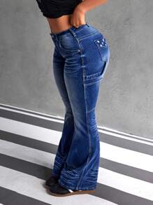 SHEIN ICON Women Front Button Minimalist Denim Jeans, Casual Daily Wear - Blue - View 4