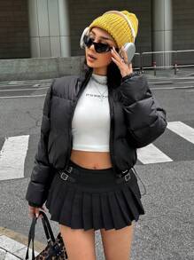 SHEIN EZwear Women  Zin Up Hooded Crop Down& Feathers Coat - Black - View 7