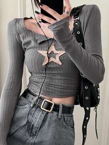 INAWLY Y2K Star Embroidery Textured Fabric Slim Fit Casual Women T-Shirt, Autumn/Winter