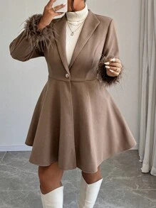 SHEIN Unity Plus Size Elegant Wool Blend Belted Overcoat With Fluffy Cuffs, Autumn/Winter