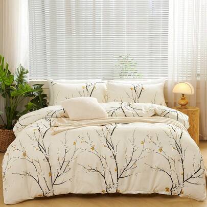 3件套梅花图案被套套装，柔软超细纤维材质，透气抗皱，奢华酒店风格，送给父母和朋友的礼物，包含1个被套和2个枕套，可选尺寸：特大号、大号、标准大号、单人床、宿舍床