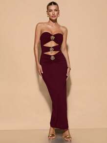 SHEIN BAE 女士秋季金属花朵装饰紧身性感露背无袖连体裤连衣裙 - 酒紅色 - 查看 5