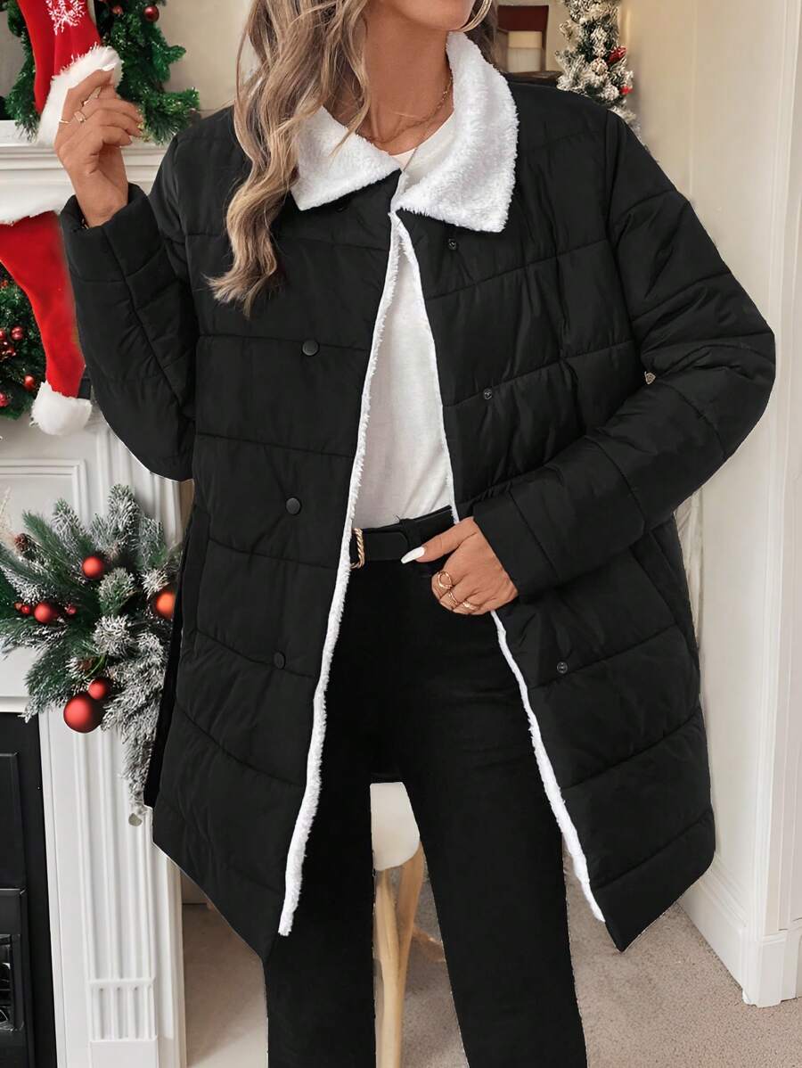 SHEIN LUNE Women's Casual Button-Up Padded Coat With Fur Collar, Autumn/Winter  For Christmas Party - Black and White - View 1