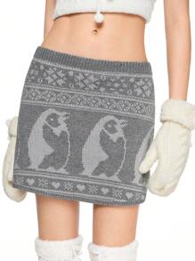 ROMWE Kawaii Cute Penguin Heart & Bow Decor Knit Sweater Mini Skirt