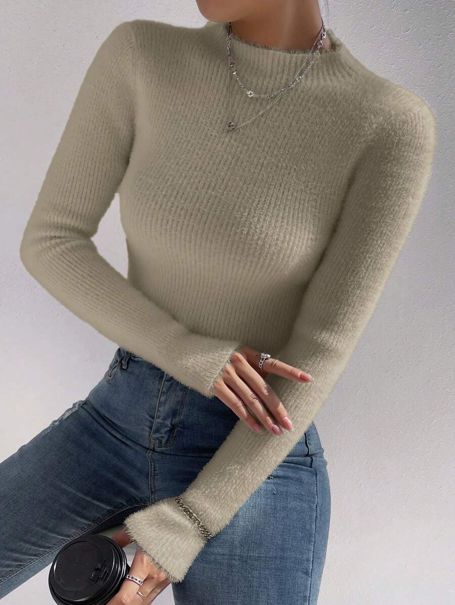 Chiquease Women Stand Collar Long Sleeve Slim Fit Pullover Sweater, Solid Color, Autumn/Winter Knit Pullover Fall - Yellow - View 1
