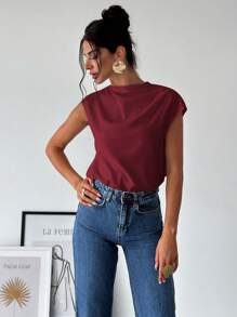 Firerie 女士简约优雅时尚通勤办公室立领不对称肩部褶皱修身衬衫 - 酒紅色 - 查看 2