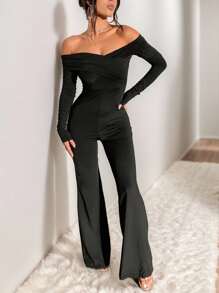INAWLY Women's Solid Off Shoulder Tight Jumpsuit, For Autumn - Black - View 4