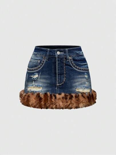 Grunge Punk Gonna attillata in denim con vita super bassa, frange e stampa leopardata in stile Y2K vintage per donna